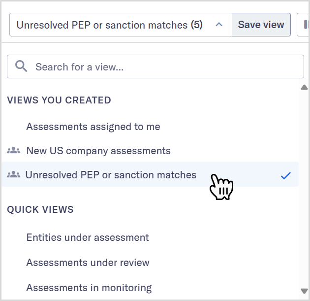 Tutorial_Views_PEP_or_sanction_matches_view.png Views dropdown showing the Unresolved PEP or sanction matches view under Views you created.