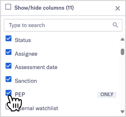 Tutorial_Views_Add_screening_columns.png Show/hide columns drop down with PEP and Sanction options selected.