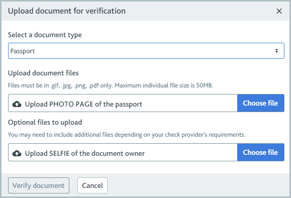 Checks_Upload_passport.png Upload document for verification dialog with the passport document type selected.