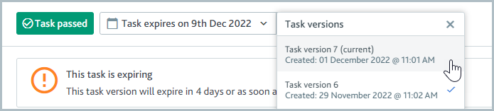 Tasks_Task_versions.png Drop-down menu showing the list of all versions of the task.