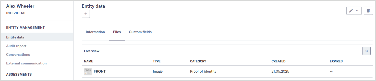 Entity_data_files_tab.png Entity data Files tab showing one uploaded document.