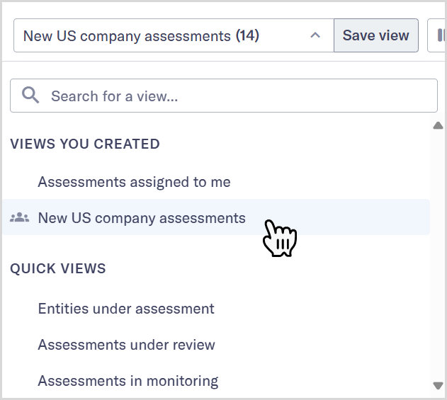 Tutorial_Views_New_assessments_view.png Views dropdown showing the New US company assessments view under Views you created.