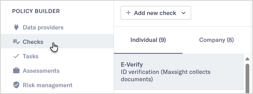 Smart_policy_Checks_menu_option.png Checks menu option in the Policy Builder.