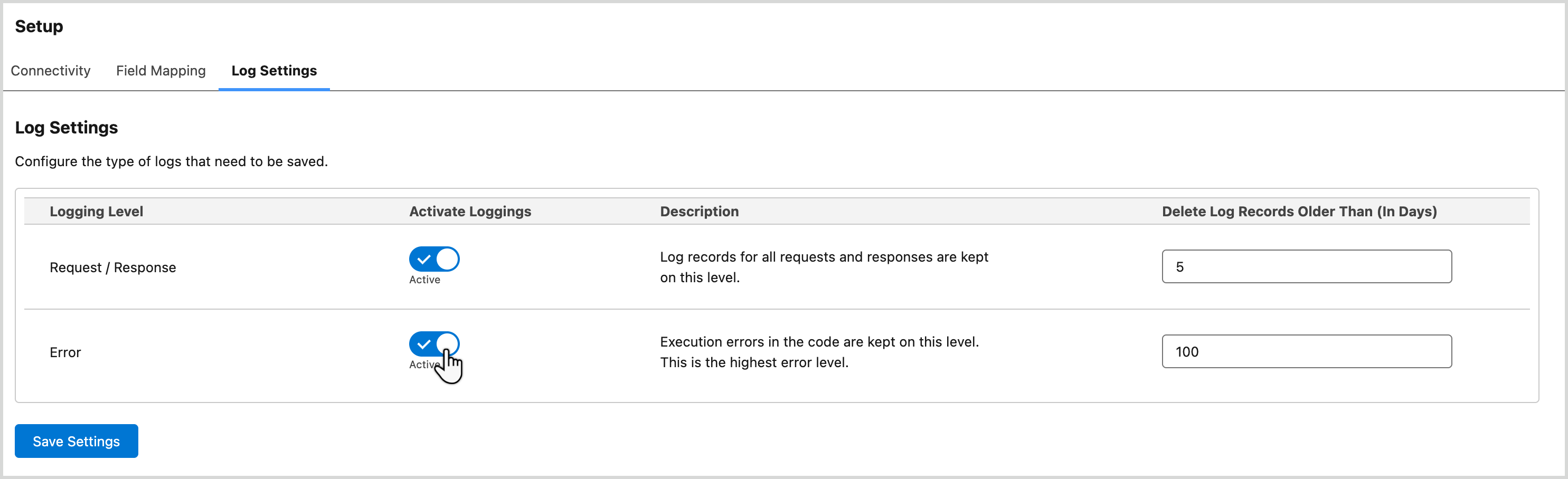 Salesforce_SaveLogSettings.png Toggle your log settings to Active in Salesforce.