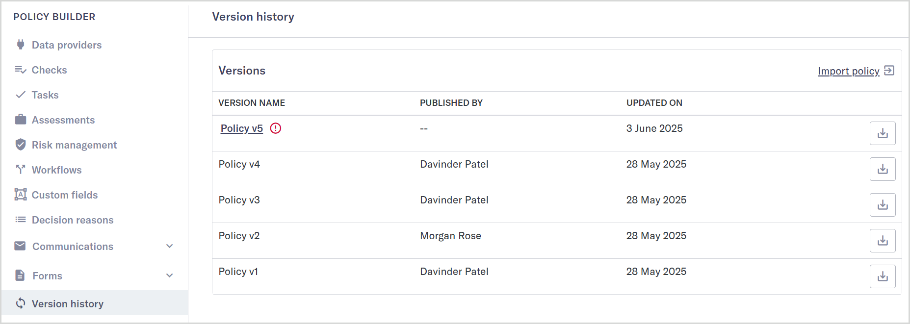Draft_policy_version_history.png Version history page showing an unpublished draft policy.
