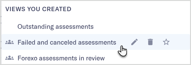 Entity_management_Views_you_created.png Views you created section of the Views drop-down menu with additional option icons shown on hovering over an item.