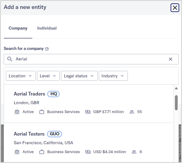 Add_entity_Orbis_company_search_results.png Add a new entity dialog displaying Orbis search results for a company.