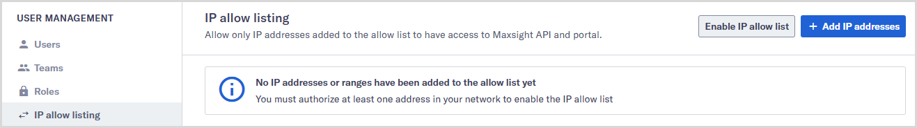 User_management_Allow_list_Empty_state.png IP allow listing tab with no IP addresses listed.