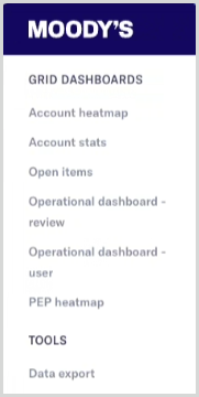 A list of menu options for Grid View dashboards and tools.