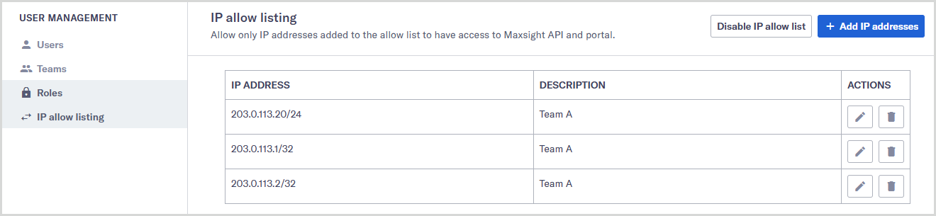 User_management_Allow_list_Enabled_list.png IP allow listing page showing IP addresses that have been allowed to access Maxsight.