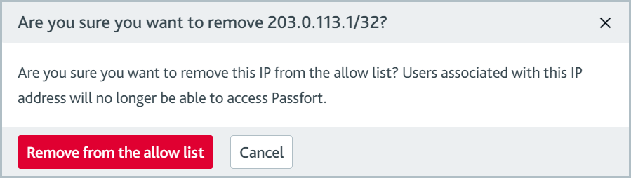 User_management_Allow_list_Delete_IP_address.png Remove IP address confirmation dialog.