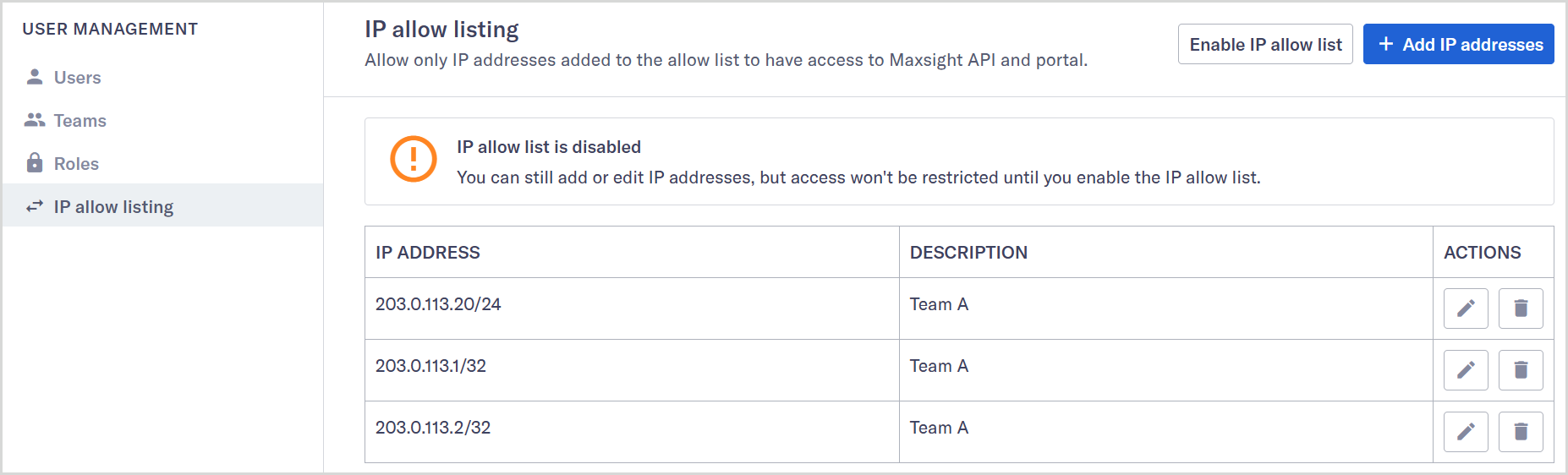 User_management_Allow_list_Disabled_list.png IP allow listing page showing notification that the list is disabled.