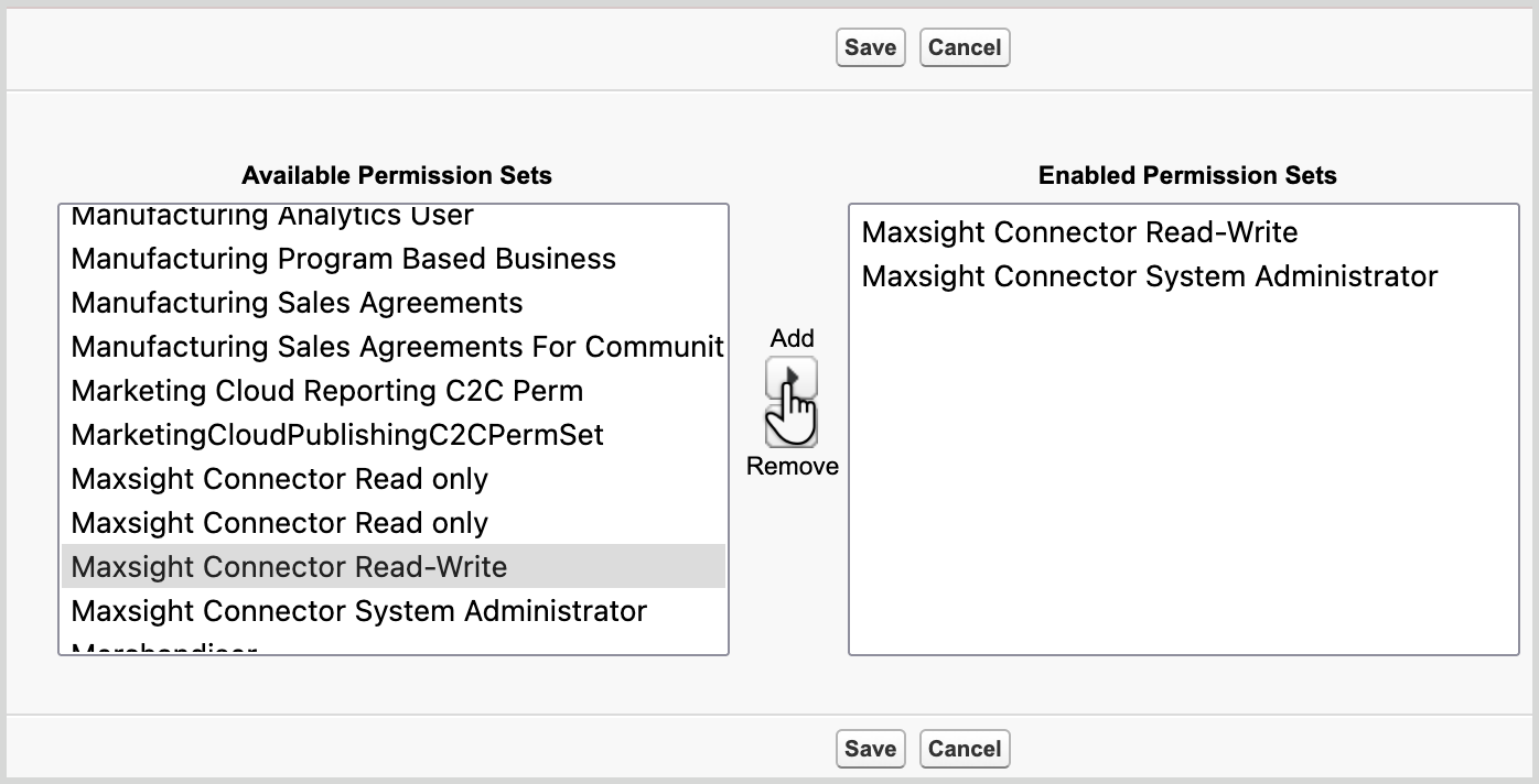 Salesforce_AddRemove_permissions.png Selecting Maxsight permissions in Salesforce.