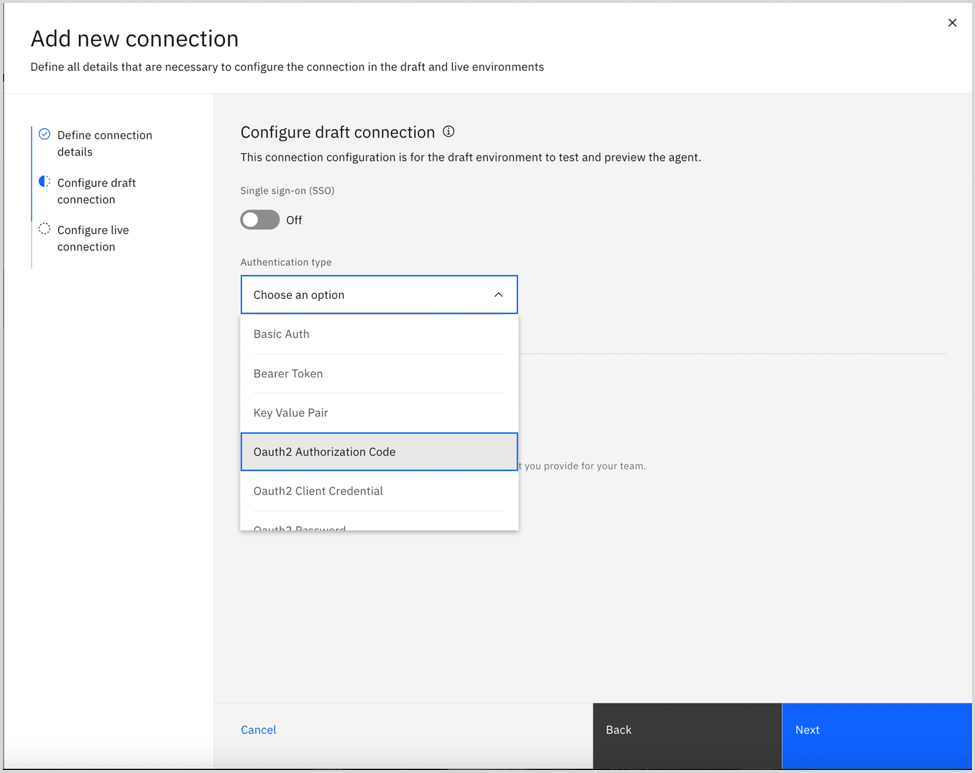 Moodys_Compliance_Screening_Agent_Configure_draft_connection_Authentication_type.png Configure draft connection authentication type in IBM watsonX Orchestrate