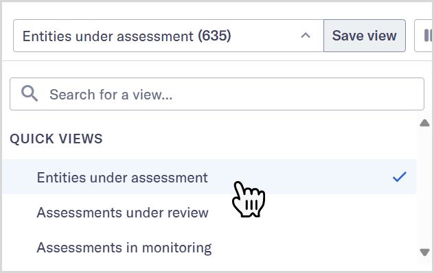 Tutorial_Views_Select_Entities_under_assessment.png Views dropdown showing Entities under assessment option.