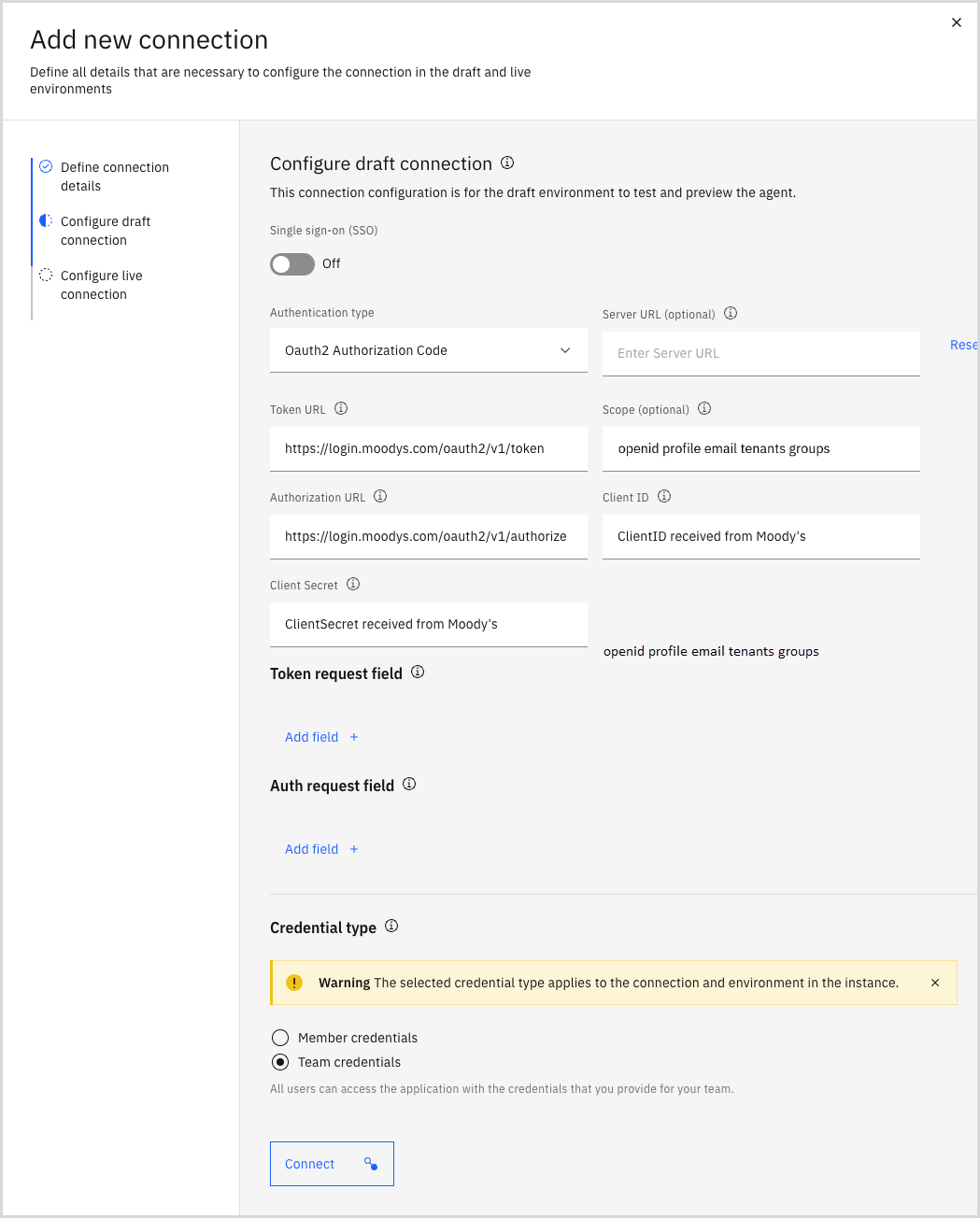 Moodys_Compliance_Screening_Agent_Configure_draft_connection_Authentication_values.png Configure draft connection authentication values in IBM watsonX Orchestrate
