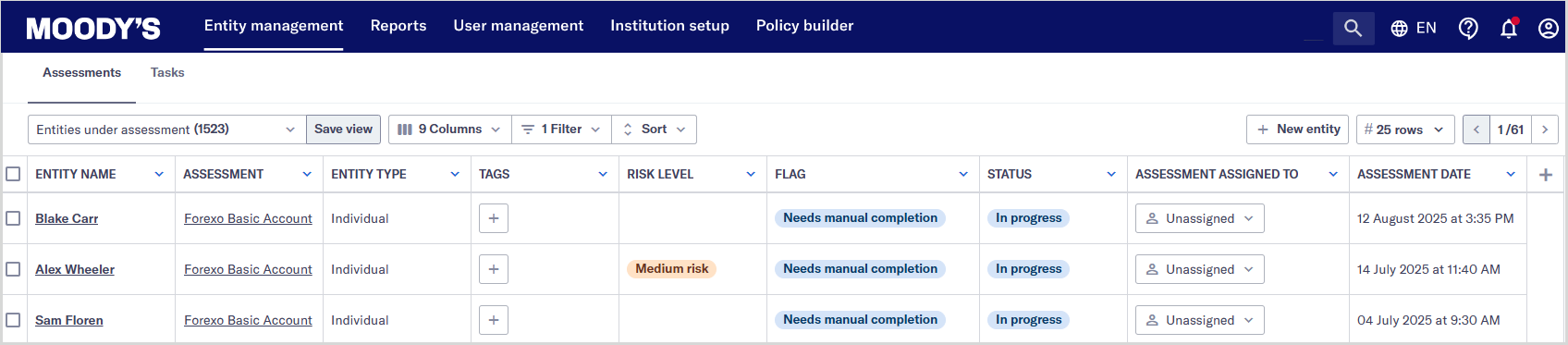 Entity_management_page_assessment_view.png The main entity management page, open on an Assessment view.