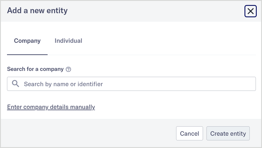 Add_entity_Search_for_company_Orbis.png Add a new entity dialog showing the Company search option when Orbis company search is enabled.