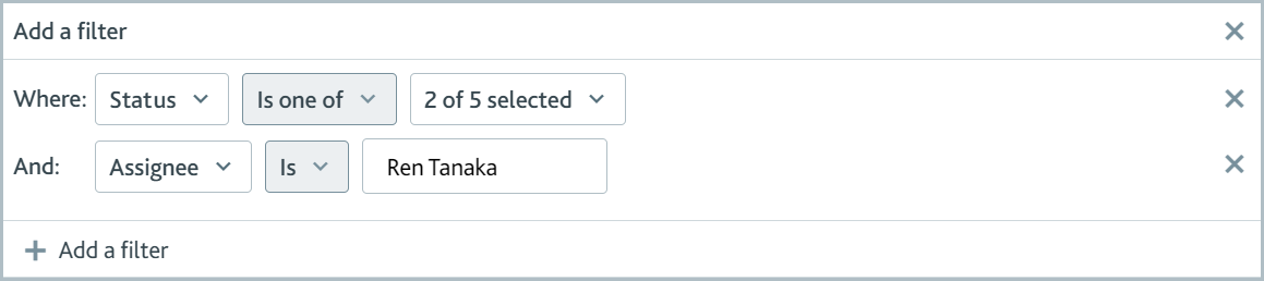 Tutorial_Views_Add_filter_assignee.png Add a filter dialog with assignee filter added.
