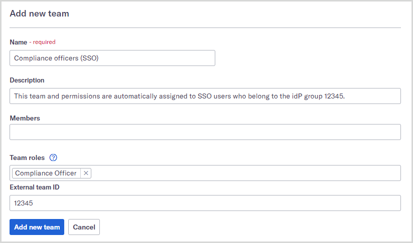 User management_Assign roles_SSO Add new team form with SSO enabled, including the External team ID field.