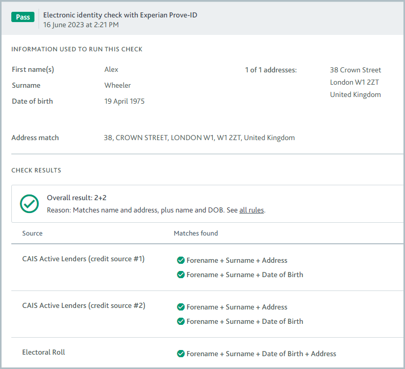 Checks_Electronic_identity_check_results.png Electronic identity check results showing check has passed.