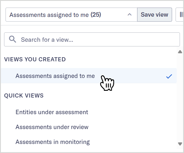 Tutorial_Views_Assessments_assigned_to_me.png Views dropdown showing the Assessments assigned to me view under Views you created.