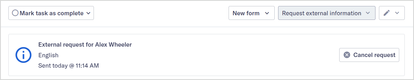 External_request_banner.png Banner message showing an external information request form has been sent.
