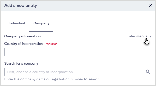 Add_a_new_company_manually.png Section of the Add a new company entity dialog with mouse hovering over the Enter manually link.