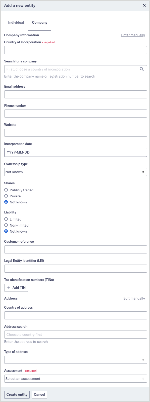 Add_a_new_company.png Add a new entity dialog open on the Company tab.