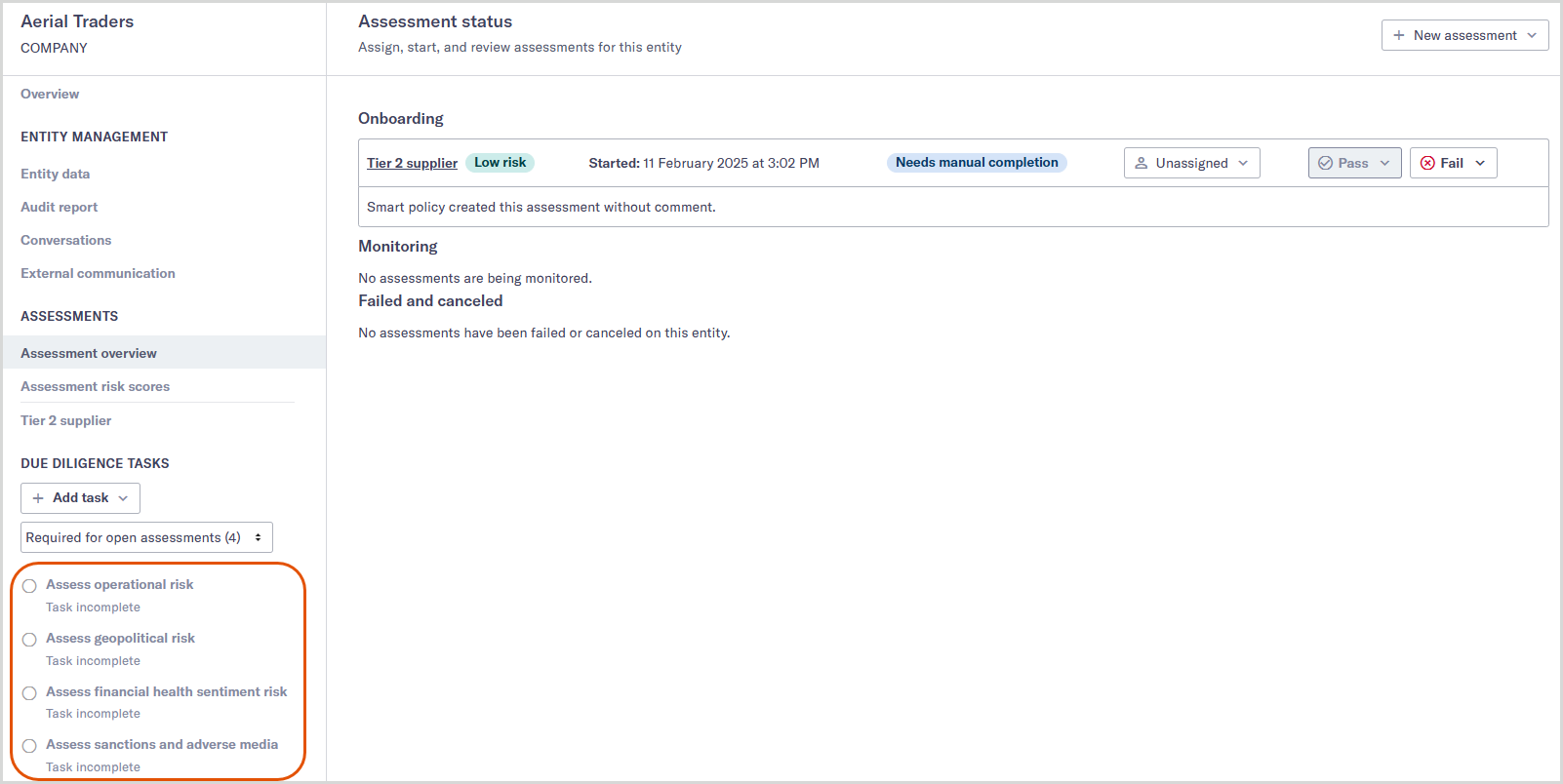 Entity_data_highlighting_due_diligence_task_list.png The Entity data page with a box highlighting the due diligence task list.