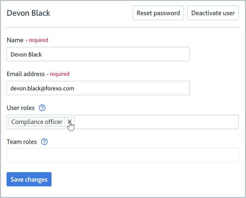 User_management_Delete_user_role.png User page with mouse hovering over the option to remove a user role.