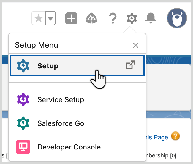 Salesforce_select_setupmenu.png Selecting the Setup menu in Salesforce