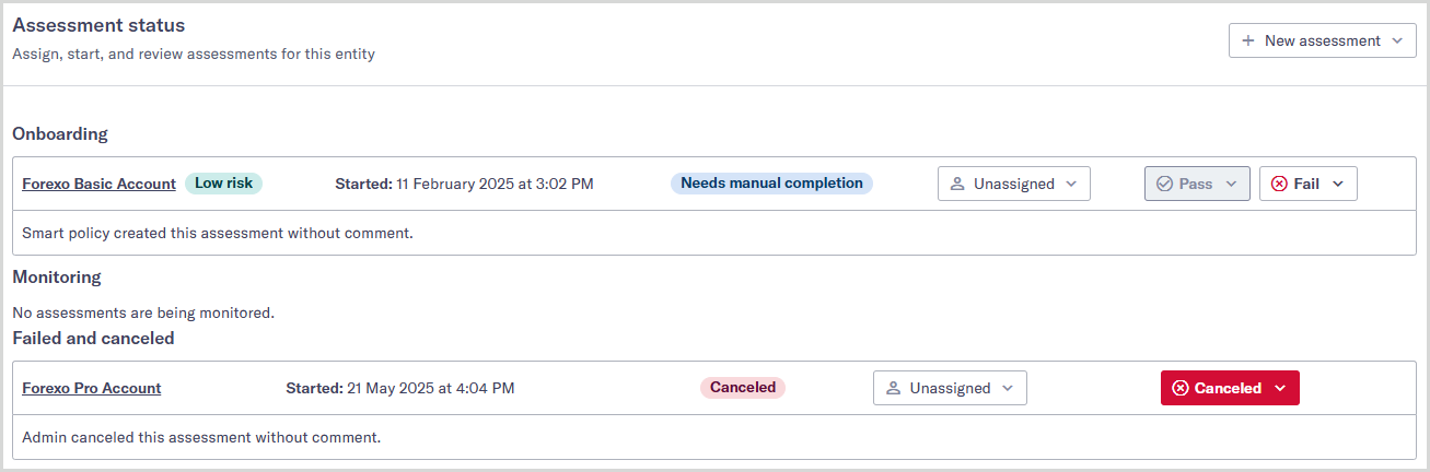 Assessment_status_page.png Assessment status page showing one assessment in the Onboarding section and one assessment in the Failed and canceled section.