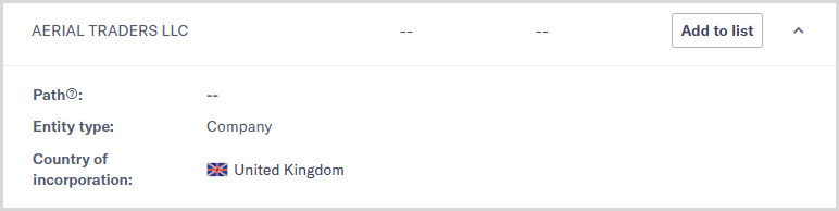 No_path_to_ownership.png Section of the Assess company ownership page with a double dash next to Path. This indicates no path to ownership has been returned by your data provider.