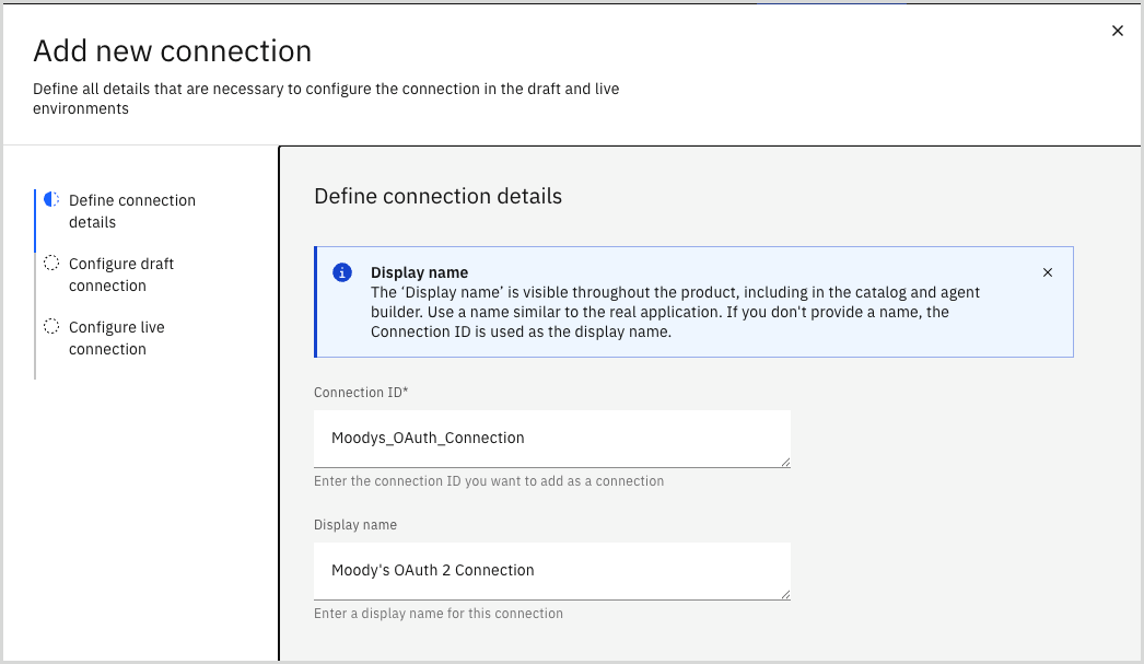 Moodys_Compliance_Screening_Agent_Define_connection_details.png Define new connection details in IBM watsonX Orchestrate