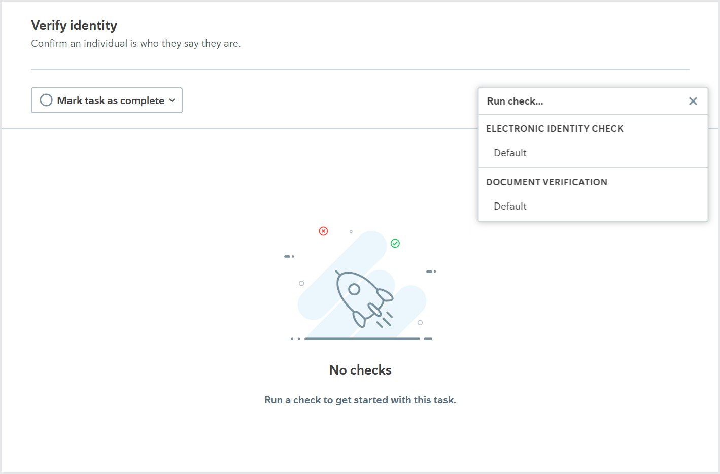 Checks_Run check pop up.png Verify identity task with Run check pop-up menu showing available checks.